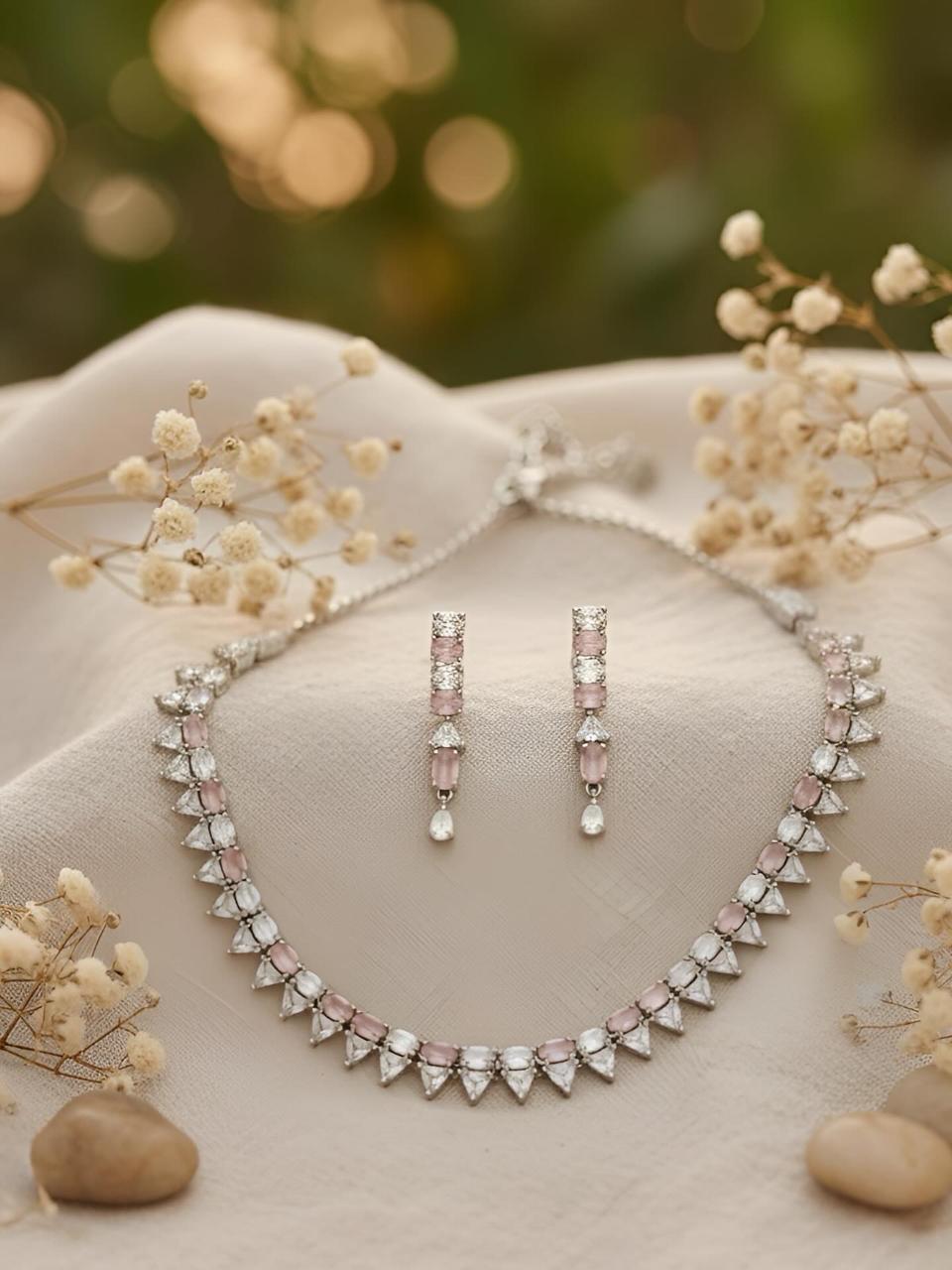 Blush Radiance Pink & Silver Necklace-AURA set
